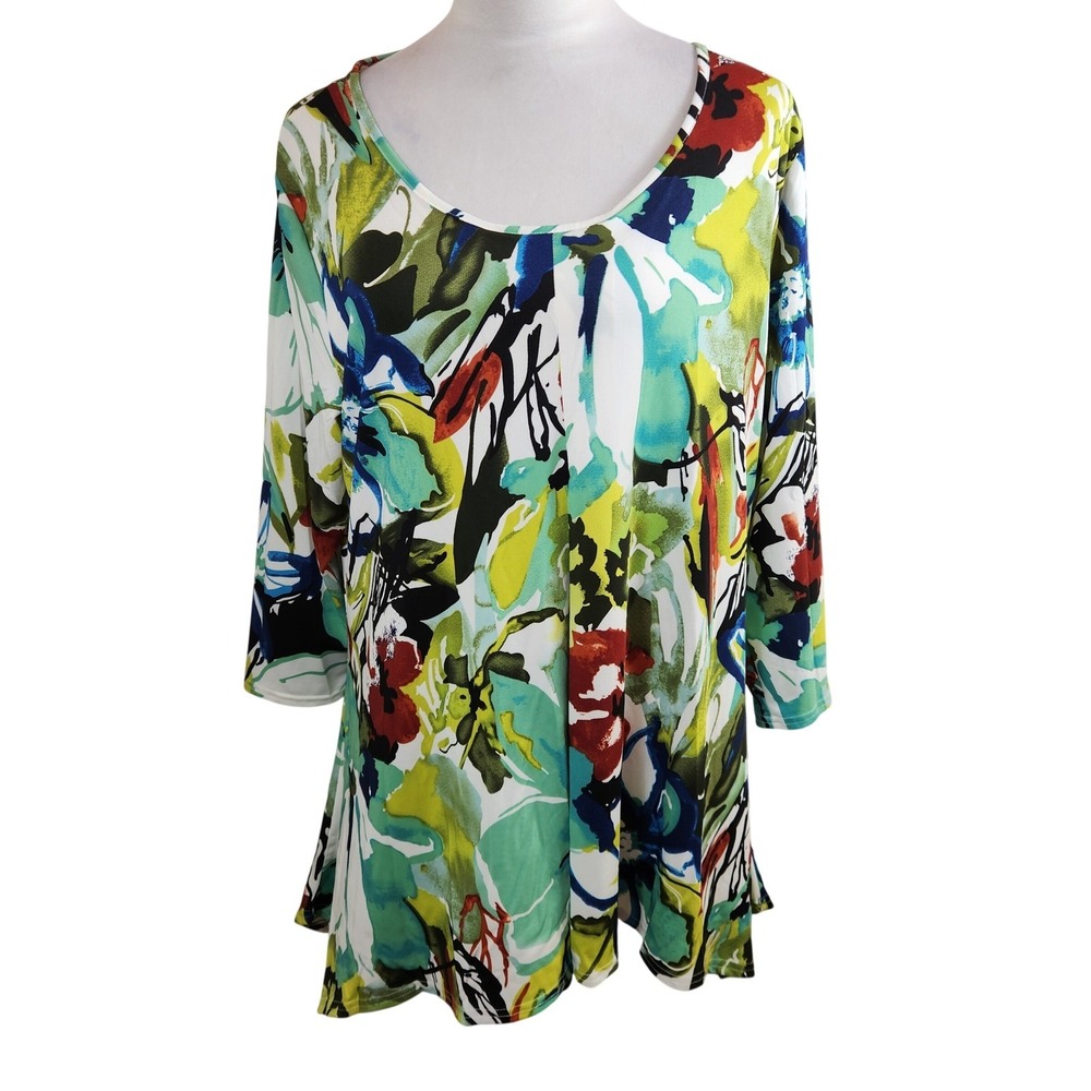 NorthStyle Floral Tunic Top‎ Womens XL Green Blue White 3/4 Sleeve Scoop Neck